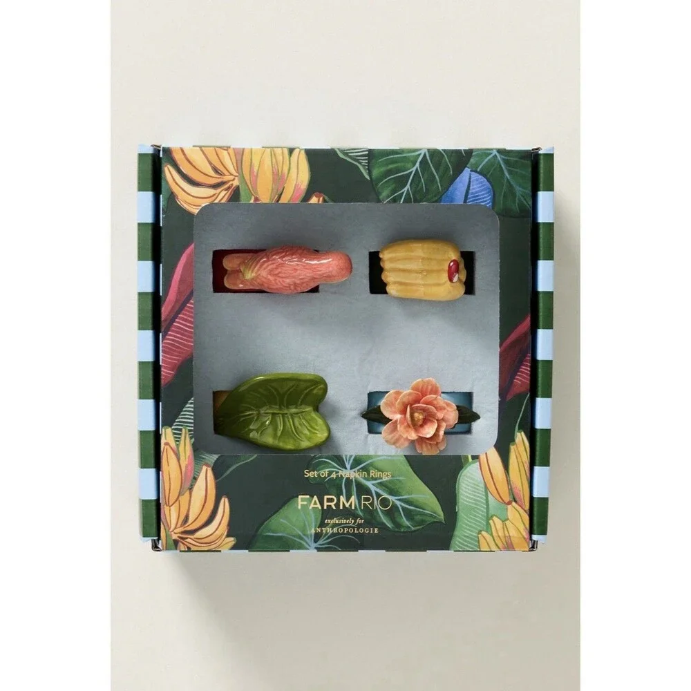 Farm Rio x Anthropologie Stoneware Boxed Napkin Rings, Set of 4 NWT
